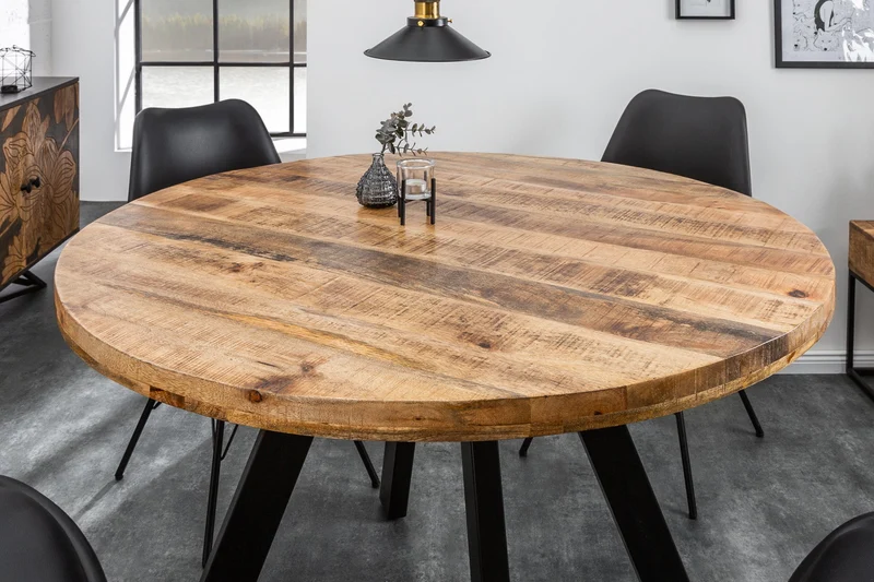 Table à manger massive IRON CRAFT ronde 120 cm en bois de manguier naturel