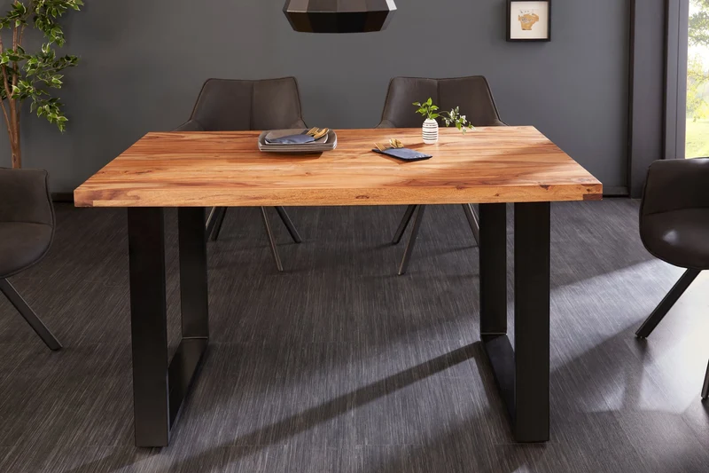 Table à manger en bois massif IRON CRAFT 120cm sheesham marron pieds métal noir finition pierre