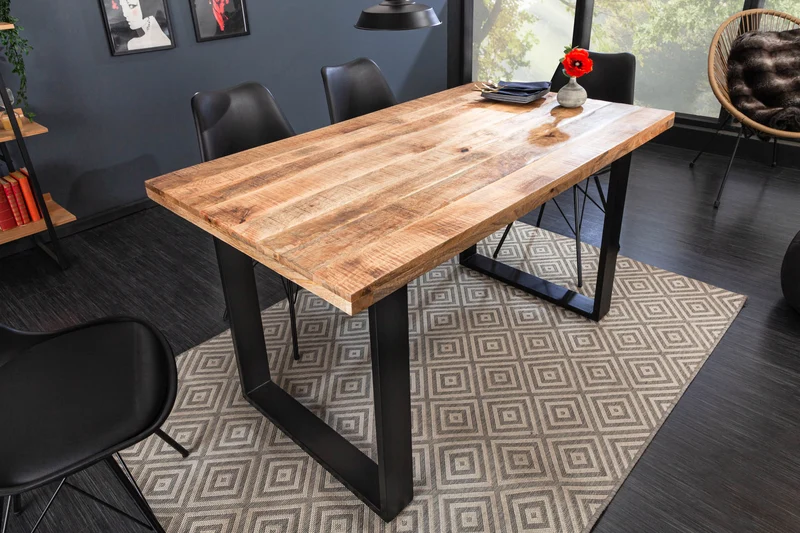 Table à manger solide IRON CRAFT 120 cm en bois de manguier, cadre en fer noir, chemin de table design industriel