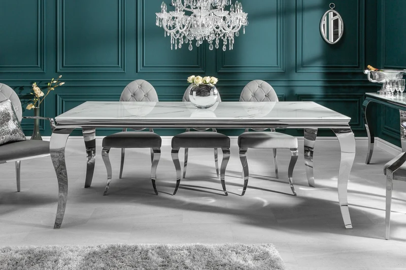 Table à manger design MODERNE BAROQUE 200cm blanc chrome plateau verre marbre pieds acier inoxydable