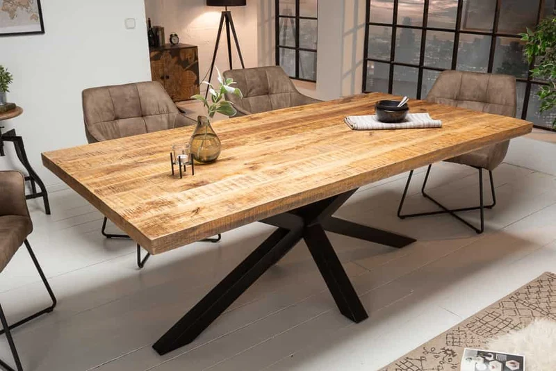 Table à manger industrielle solide GALAXIE 160cm en bois de manguier structure en forme d'étoile