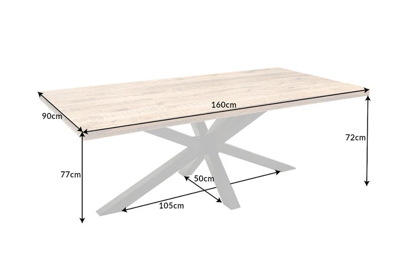 Table à manger industrielle solide GALAXIE 160cm en bois de manguier structure en forme d'étoile