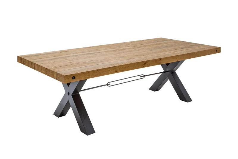 Table à manger massive THOR 240 cm vintage marron en pin recyclé design industriel cadre en X