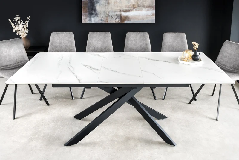 Table à manger extensible ALPINE 160-200cm céramique blanche marbre structure métal noir