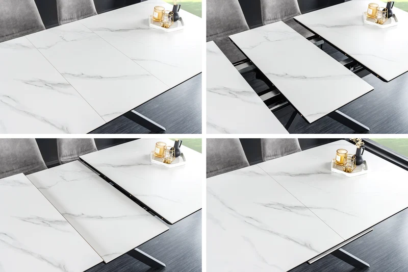 Table à manger extensible ALPINE 160-200cm céramique blanche marbre structure métal noir