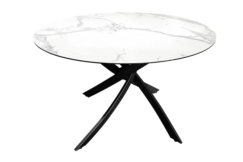 Table à manger ronde ALPINE 120cm marbre blanc céramique structure métal noir