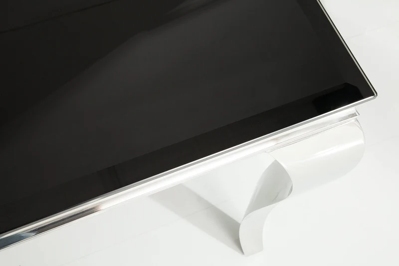 Table à manger au design élégant et moderne de style baroque, 200 cm, plateau en acier inoxydable noir et verre opale