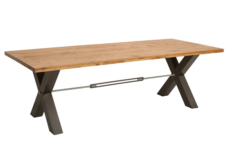 Table à manger en bois massif THOR 200cm chêne sauvage naturel huilé gris structure en X métal design industriel