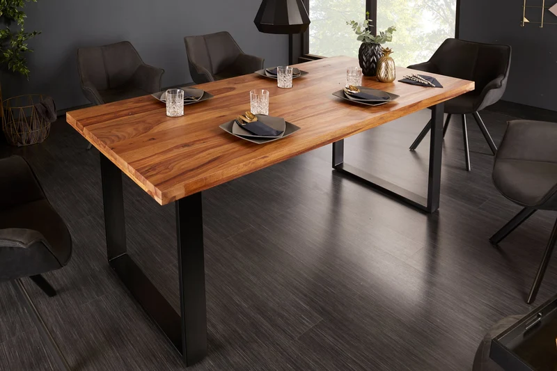 Table à manger en bois massif IRON CRAFT 160 cm marron noir finition pierre de Sheesham Industriel