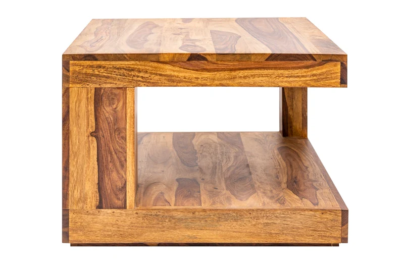 Table basse design GIANT 60cm en bois massif Sheesham marron finition pierre avec étagère