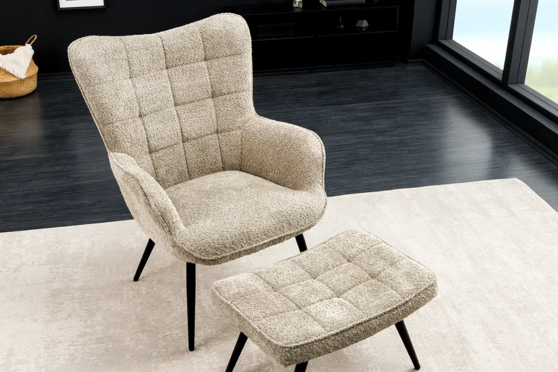 Fauteuil moderne SCANDINAVIA champagne grège Bouclé avec accoudoirs