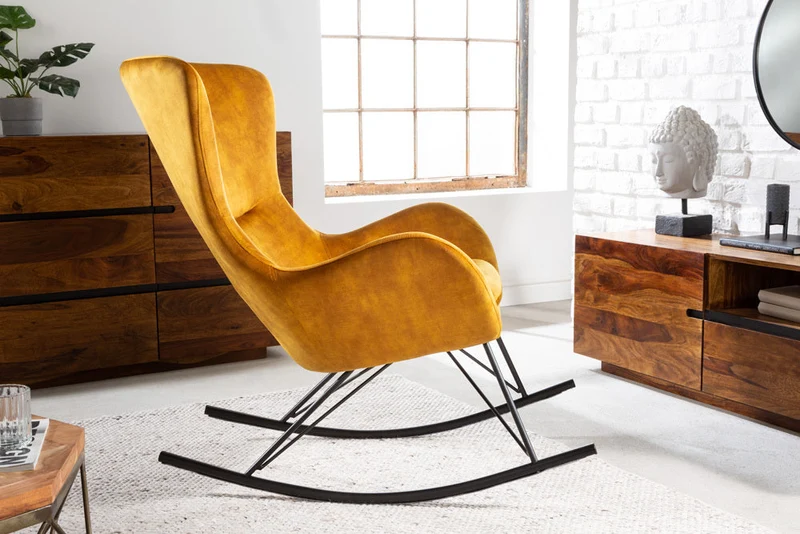 Fauteuil à bascule design SCANDINAVIA SWING en velours jaune moutarde