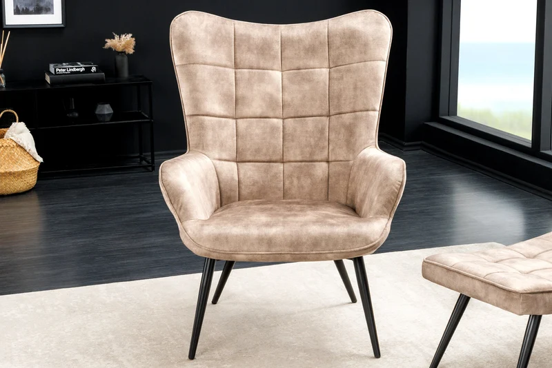 Fauteuil moderne SCANDINAVIA velours beige champagne pieds métal noir avec accoudoirs