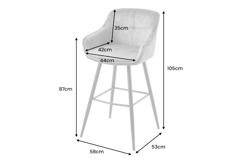Tabouret de bar design EUPHORIA velours gris pieds métal noir chaise de bar avec dossier