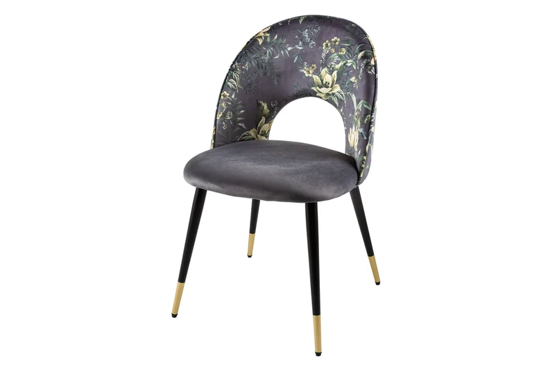 Lot de 2x chaises design PRÊT-À-PORTER en velours gris motif floral et embouts de pieds dorés