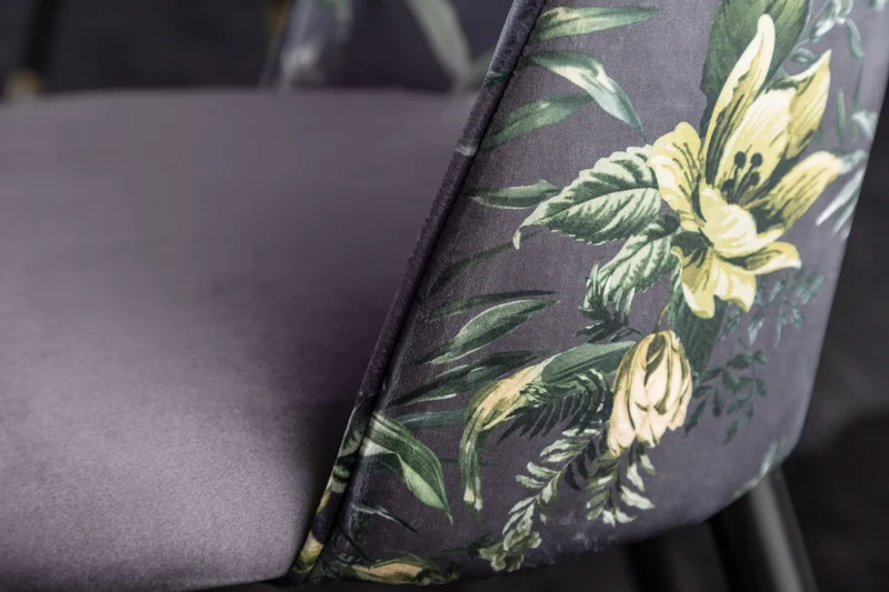 Lot de 2x chaises design PRÊT-À-PORTER en velours gris motif floral et embouts de pieds dorés