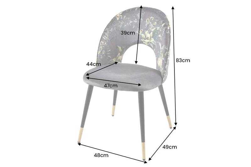 Lot de 2x chaises design PRÊT-À-PORTER en velours gris motif floral et embouts de pieds dorés