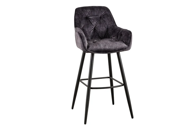 Tabouret de bar design MILANO chaise de bar en velours gris avec dossier en métal matelassé Chesterfield noir