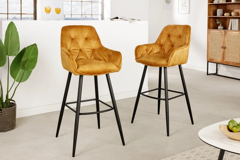 Tabouret de bar design MILANO chaise de bar en velours jaune moutarde avec dossier en métal noir