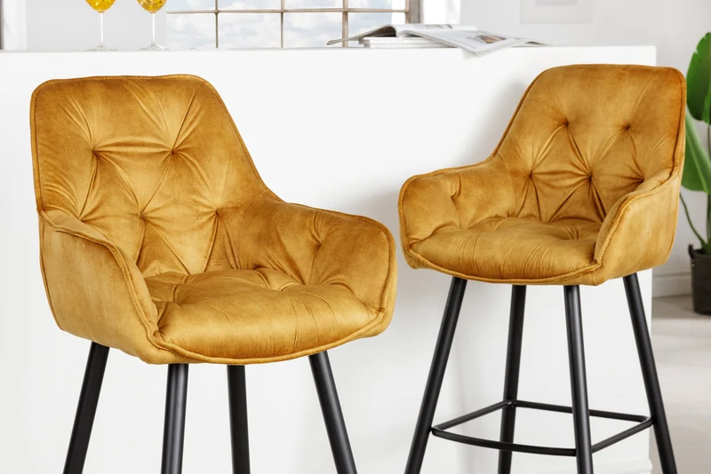 Tabouret de bar design MILANO chaise de bar en velours jaune moutarde avec dossier en métal noir