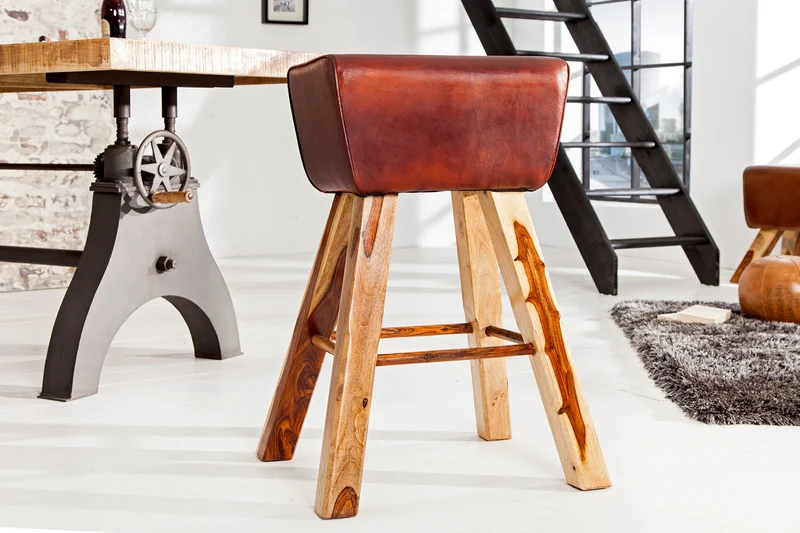 Tabouret de bar rétro TURNBOCK 75cm avec revêtement en cuir véritable chaise de bar en bois de manguier