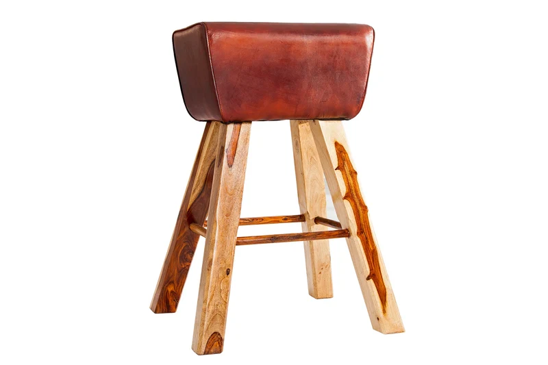 Tabouret de bar rétro TURNBOCK 75cm avec revêtement en cuir véritable chaise de bar en bois de manguier