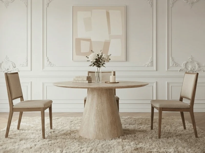 Table à manger ronde NOEMIE effet travertin – Ø120 cm – Design moderne