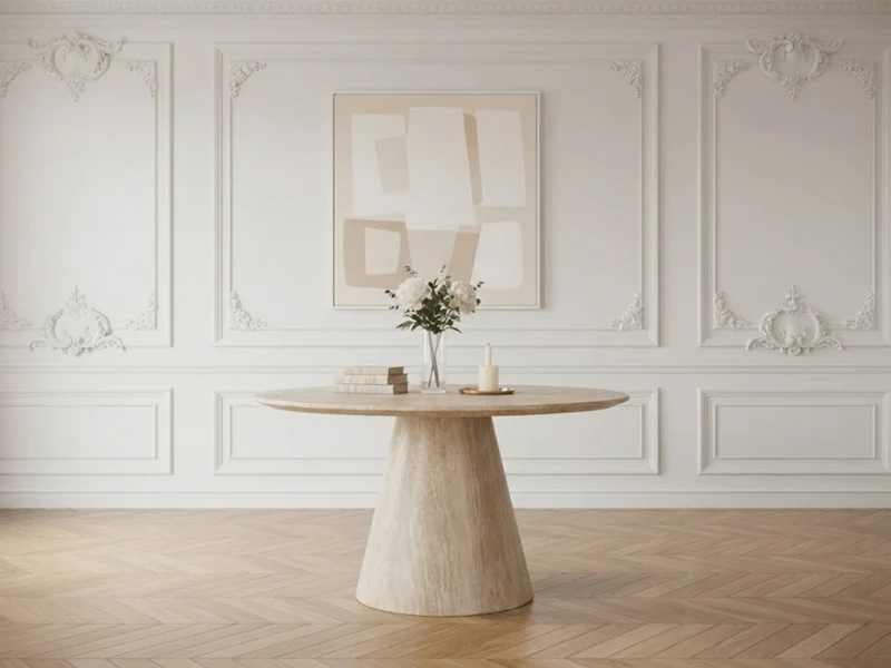 Table à manger ronde NOEMIE effet travertin – Ø120 cm – Design moderne
