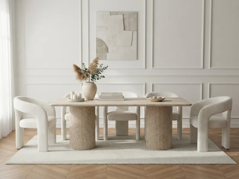 Table à manger design en pierre naturelle type travertin EVA – 180 cm – Pieds cylindriques striés