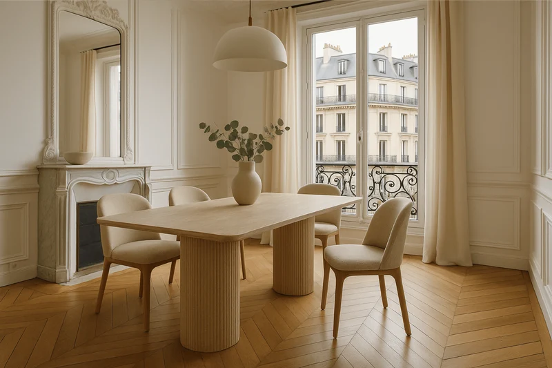 Table à manger design en pierre naturelle type travertin EVA – 180 cm – Pieds cylindriques striés