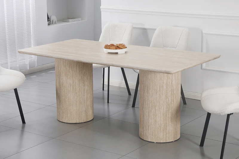 Table à manger design en pierre naturelle type travertin EVA – 180 cm – Pieds cylindriques striés