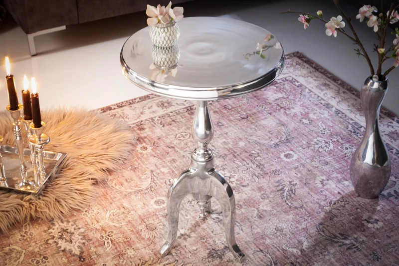 Élégante table d'appoint SAVOY 55cm argent poli trépied avec plateau rond