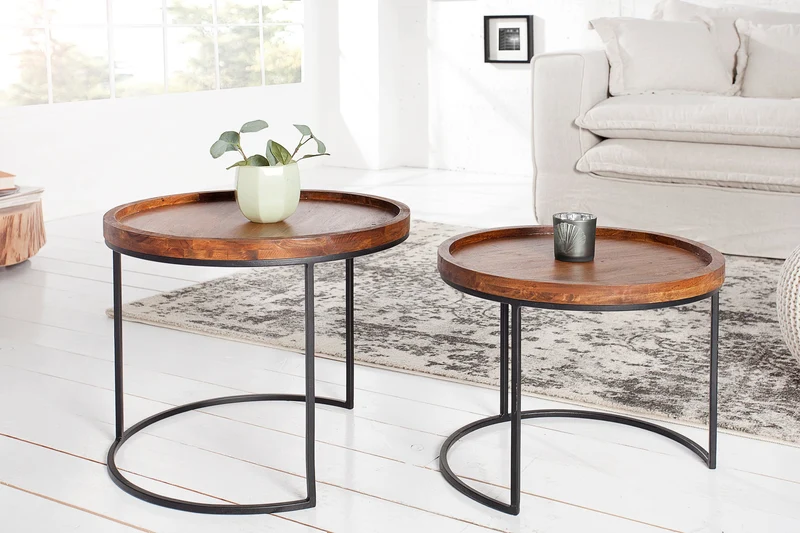 Lot de 2 tables d'appoint rondes ELEMENTS 55cm finition pierre d'acacia métal noir