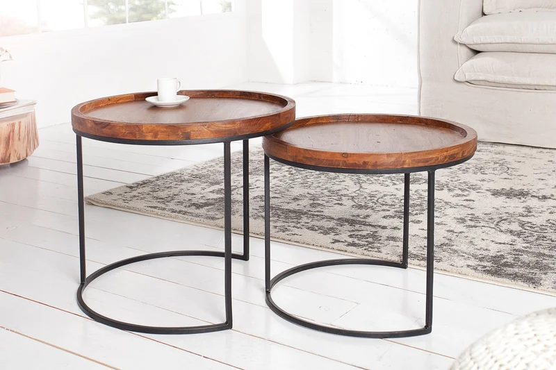 Lot de 2 tables d'appoint rondes ELEMENTS 55cm finition pierre d'acacia métal noir