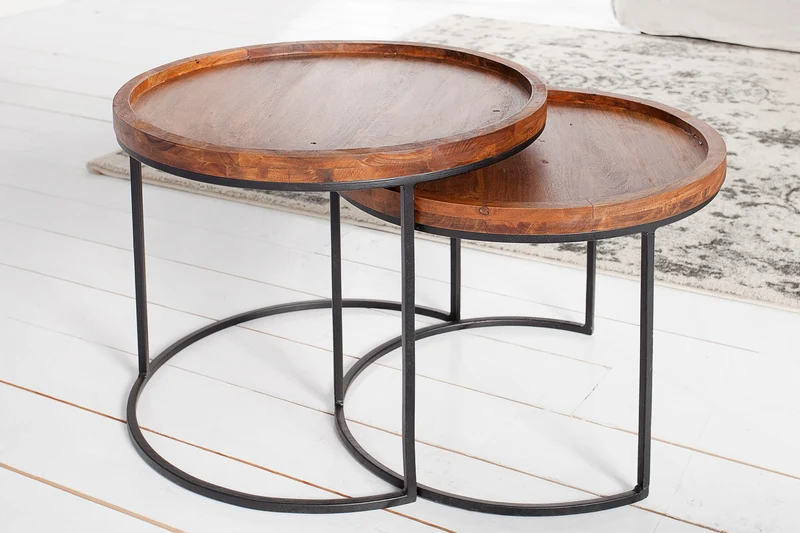 Lot de 2 tables d'appoint rondes ELEMENTS 55cm finition pierre d'acacia métal noir
