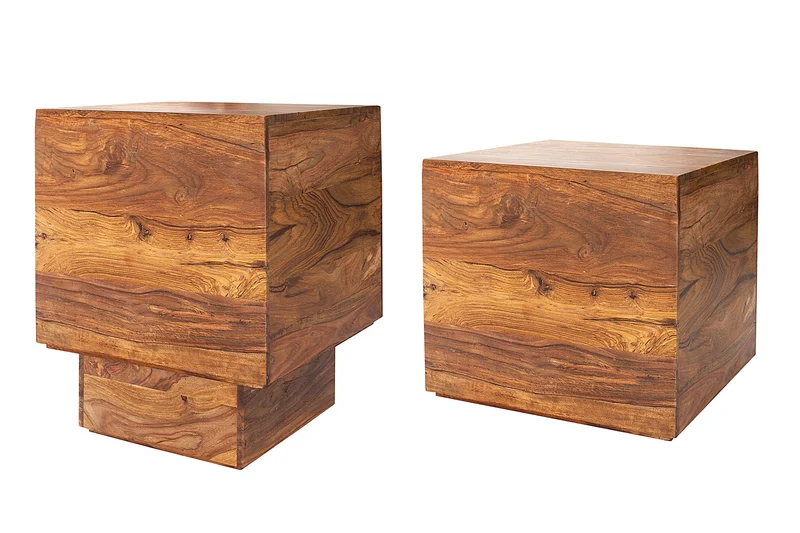 Lot de 2 tables d'appoint cube MAKASSAR 40cm bois massif de Sheesham marron finition pierre