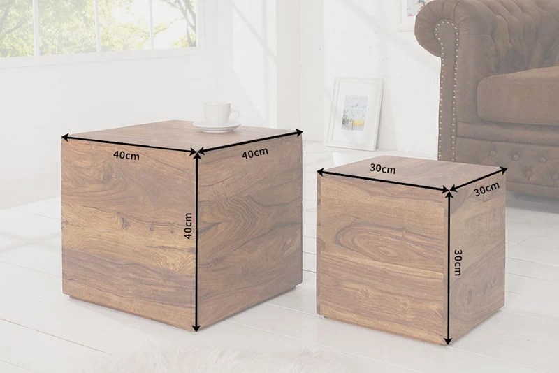 Lot de 2 tables d'appoint cube MAKASSAR 40cm bois massif de Sheesham marron finition pierre