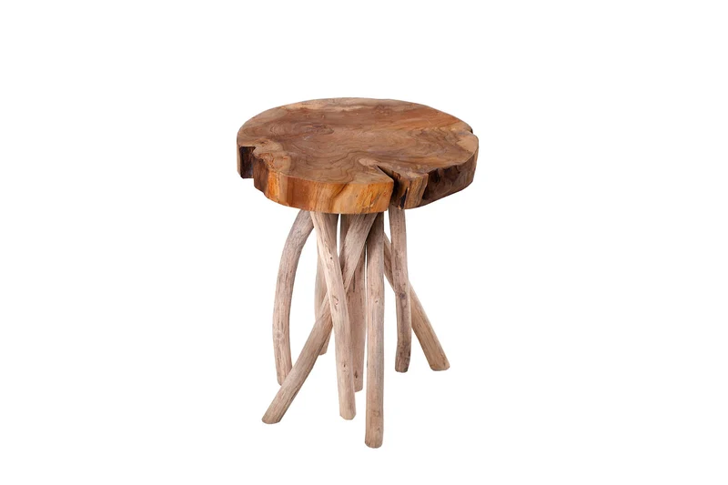 Table d'appoint exclusive ROOT 30cm tabouret rond en bois massif de teck naturel