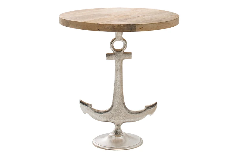 Table d'appoint maritime SEVEN SEAS 50cm design ancre argentée ronde bois de manguier métal