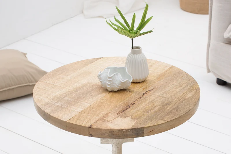Table d'appoint maritime SEVEN SEAS 50cm design ancre argentée ronde bois de manguier métal