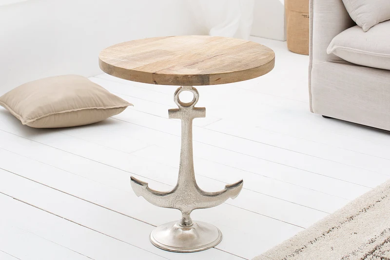 Table d'appoint maritime SEVEN SEAS 50cm design ancre argentée ronde bois de manguier métal