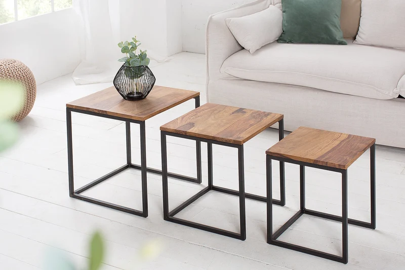 Lot de 3 tables d'appoint ELEMENTS 40cm bois massif de Sheesham marron finition pierre métal