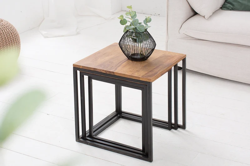 Lot de 3 tables d'appoint ELEMENTS 40cm bois massif de Sheesham marron finition pierre métal