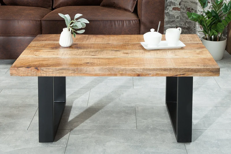 Table basse design IRON CRAFT 100cm bois de manguier fer design industriel structure noire solide