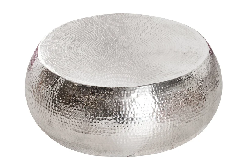 Table basse ronde ORIENT 80cm métal argenté aluminium martelé design fait main