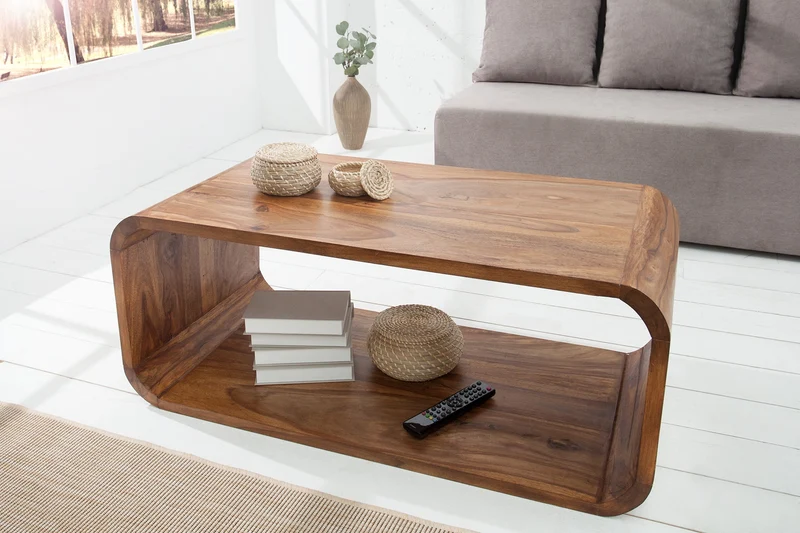 Table basse en bois massif CUBUS 100 cm marron finition pierre de Sheesham meuble TV design rétro