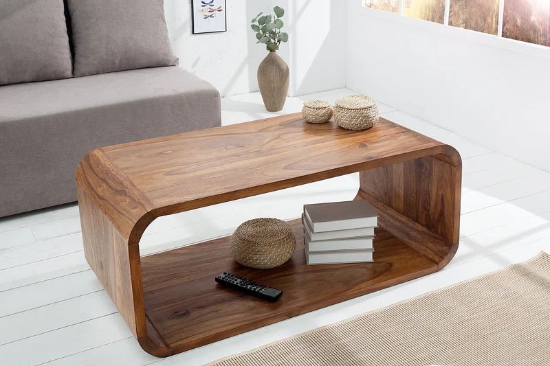 Table basse en bois massif CUBUS 100 cm marron finition pierre de Sheesham meuble TV design rétro
