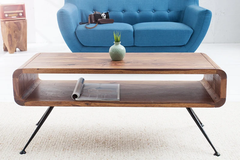 Table basse rétro ALPHA 100cm bois massif de Sheesham marron finition pierre pieds métal noir