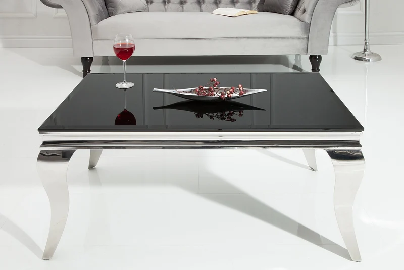 Table basse élégante MODERN BAROQUE 100cm argent avec verre opale noir