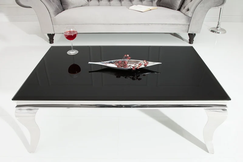 Table basse élégante MODERN BAROQUE 100cm argent avec verre opale noir